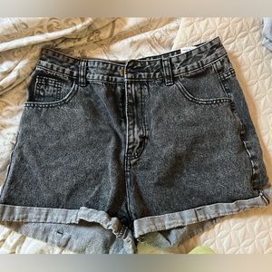 Distressed black denim shorts